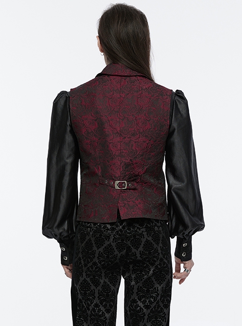 Gorgeous Red Rose Pattern Woven Side Exquisite Buckle Decoration Gothic Style Men's Lapel Vest