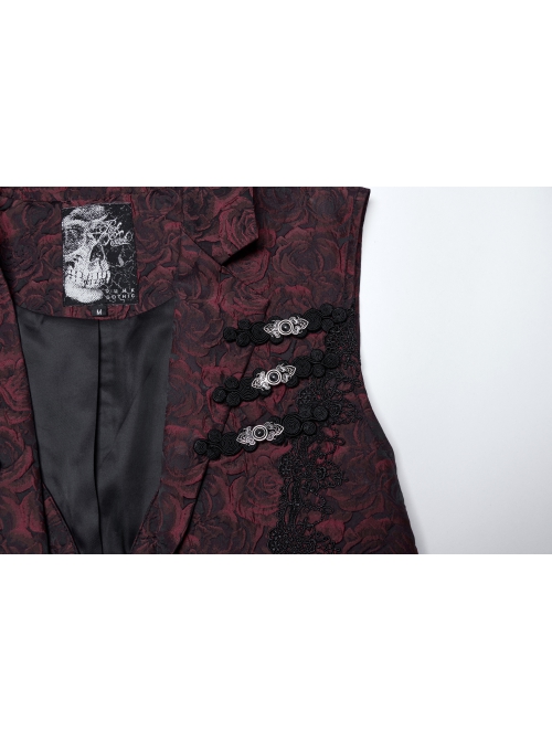 Gorgeous Red Rose Pattern Woven Side Exquisite Buckle Decoration Gothic Style Men's Lapel Vest