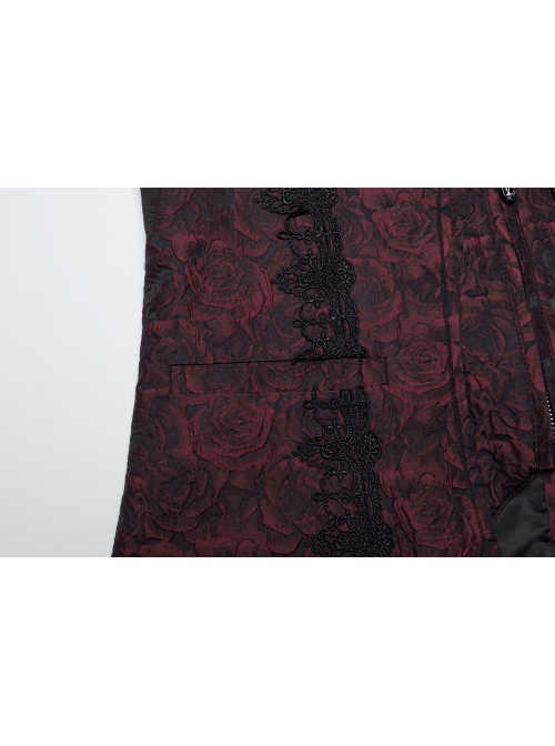 Gorgeous Red Rose Pattern Woven Side Exquisite Buckle Decoration Gothic Style Men's Lapel Vest