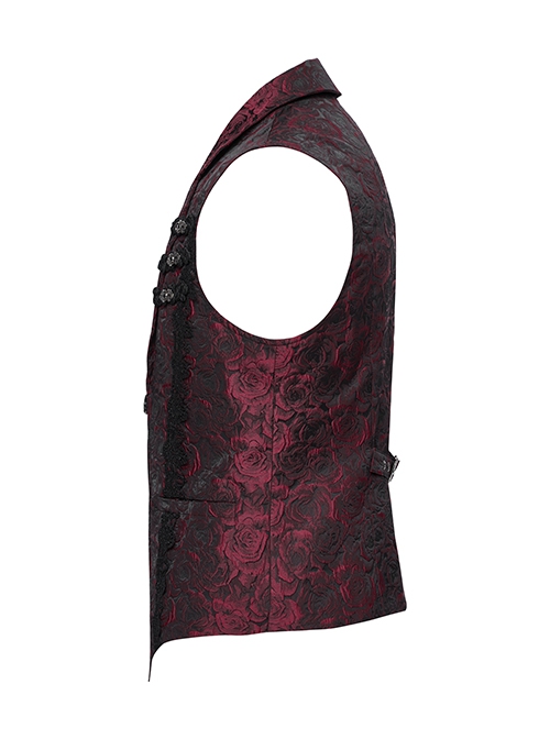 Gorgeous Red Rose Pattern Woven Side Exquisite Buckle Decoration Gothic Style Men's Lapel Vest