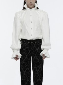 White Gorgeous Shiny Pattern Woven Shoulder Tie Rope Decoration Gothic Style Stand Collar Puff Sleeve Shirt