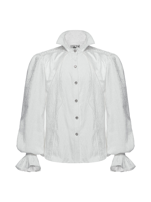 White Gorgeous Shiny Pattern Woven Shoulder Tie Rope Decoration Gothic Style Stand Collar Puff Sleeve Shirt