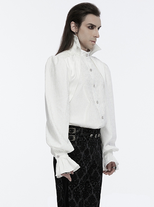 White Gorgeous Shiny Pattern Woven Shoulder Tie Rope Decoration Gothic Style Stand Collar Puff Sleeve Shirt