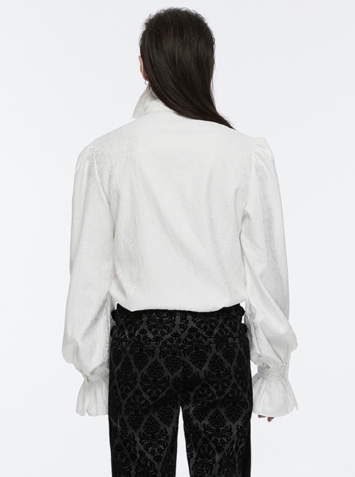 White Gorgeous Shiny Pattern Woven Shoulder Tie Rope Decoration Gothic Style Stand Collar Puff Sleeve Shirt