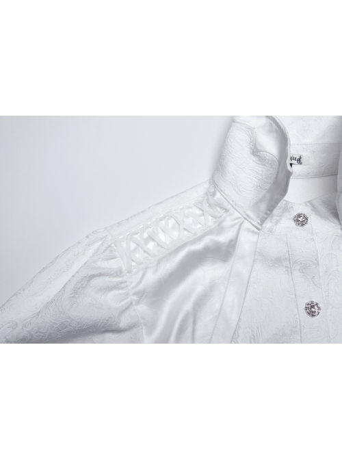 White Gorgeous Shiny Pattern Woven Shoulder Tie Rope Decoration Gothic Style Stand Collar Puff Sleeve Shirt