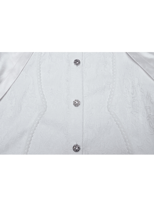 White Gorgeous Shiny Pattern Woven Shoulder Tie Rope Decoration Gothic Style Stand Collar Puff Sleeve Shirt