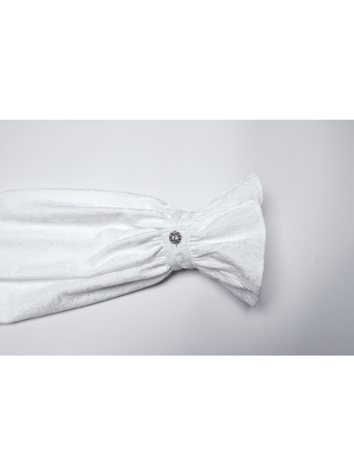 White Gorgeous Shiny Pattern Woven Shoulder Tie Rope Decoration Gothic Style Stand Collar Puff Sleeve Shirt