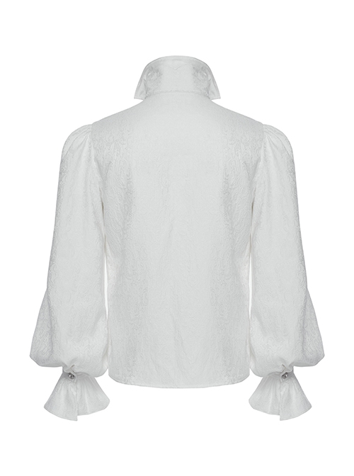 White Gorgeous Shiny Pattern Woven Shoulder Tie Rope Decoration Gothic Style Stand Collar Puff Sleeve Shirt