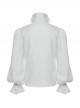 White Gorgeous Shiny Pattern Woven Shoulder Tie Rope Decoration Gothic Style Stand Collar Puff Sleeve Shirt