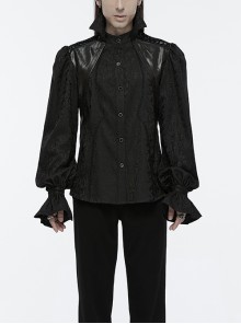 Black Gorgeous Shiny Pattern Woven Shoulder Tie Rope Decoration Gothic Style Stand Collar Puff Sleeve Shirt