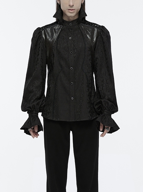Black Gorgeous Shiny Pattern Woven Shoulder Tie Rope Decoration Gothic Style Stand Collar Puff Sleeve Shirt