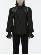 Black Gorgeous Shiny Pattern Woven Shoulder Tie Rope Decoration Gothic Style Stand Collar Puff Sleeve Shirt