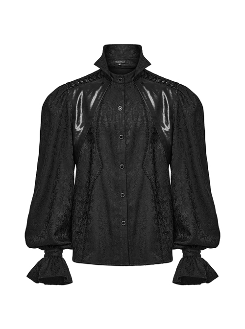 Black Gorgeous Shiny Pattern Woven Shoulder Tie Rope Decoration Gothic Style Stand Collar Puff Sleeve Shirt