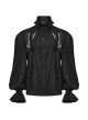 Black Gorgeous Shiny Pattern Woven Shoulder Tie Rope Decoration Gothic Style Stand Collar Puff Sleeve Shirt