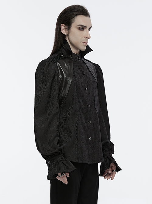 Black Gorgeous Shiny Pattern Woven Shoulder Tie Rope Decoration Gothic Style Stand Collar Puff Sleeve Shirt