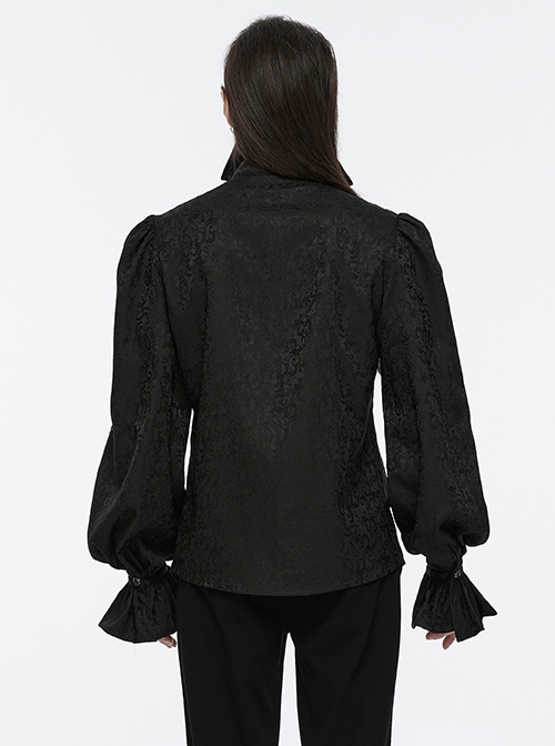 Black Gorgeous Shiny Pattern Woven Shoulder Tie Rope Decoration Gothic Style Stand Collar Puff Sleeve Shirt