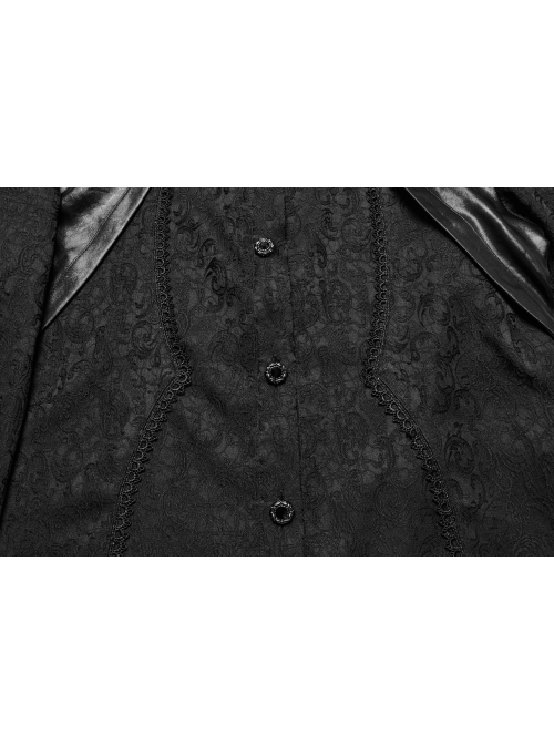 Black Gorgeous Shiny Pattern Woven Shoulder Tie Rope Decoration Gothic Style Stand Collar Puff Sleeve Shirt