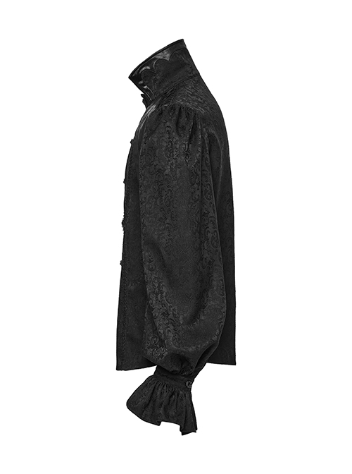 Black Gorgeous Shiny Pattern Woven Shoulder Tie Rope Decoration Gothic Style Stand Collar Puff Sleeve Shirt