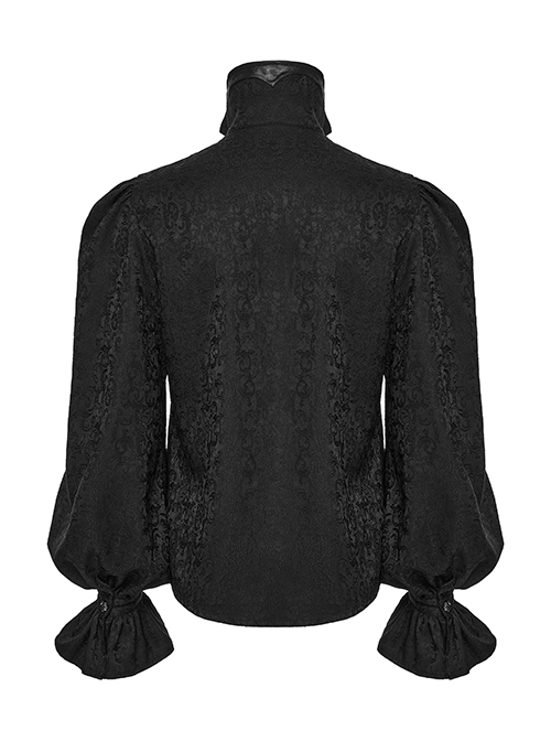 Black Gorgeous Shiny Pattern Woven Shoulder Tie Rope Decoration Gothic Style Stand Collar Puff Sleeve Shirt