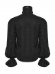 Black Gorgeous Shiny Pattern Woven Shoulder Tie Rope Decoration Gothic Style Stand Collar Puff Sleeve Shirt