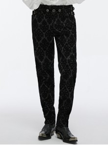 Gorgeous Flocked Fabric Exquisite Carved Gemstone Buckles And Adjustable Side Straps Gothic Style Leggings