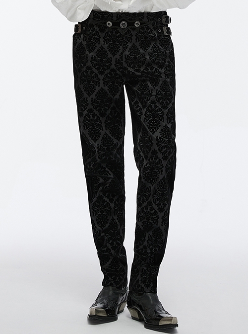 Gorgeous Flocked Fabric Exquisite Carved Gemstone Buckles And Adjustable Side Straps Gothic Style Leggings