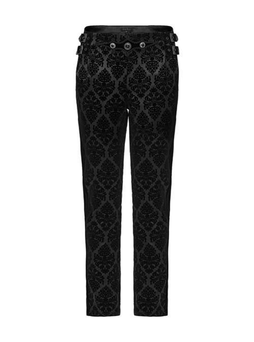 Gorgeous Flocked Fabric Exquisite Carved Gemstone Buckles And Adjustable Side Straps Gothic Style Leggings