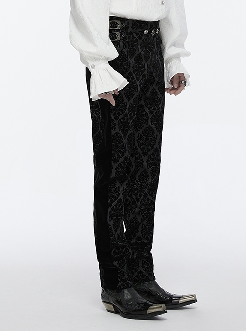Gorgeous Flocked Fabric Exquisite Carved Gemstone Buckles And Adjustable Side Straps Gothic Style Leggings