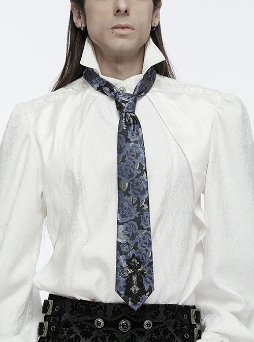 Black And Blue Retro Imitation Silk Exquisite Pattern With Three Dimensional Bat Cross Applique Gothic Style Men's Tie