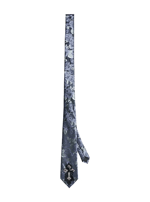 Black And Blue Retro Imitation Silk Exquisite Pattern With Three Dimensional Bat Cross Applique Gothic Style Men's Tie
