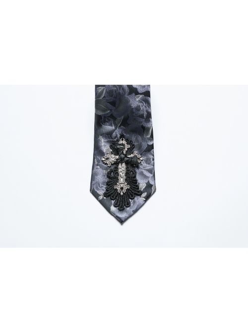 Black And Blue Retro Imitation Silk Exquisite Pattern With Three Dimensional Bat Cross Applique Gothic Style Men's Tie
