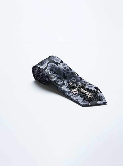 Black And Blue Retro Imitation Silk Exquisite Pattern With Three Dimensional Bat Cross Applique Gothic Style Men's Tie
