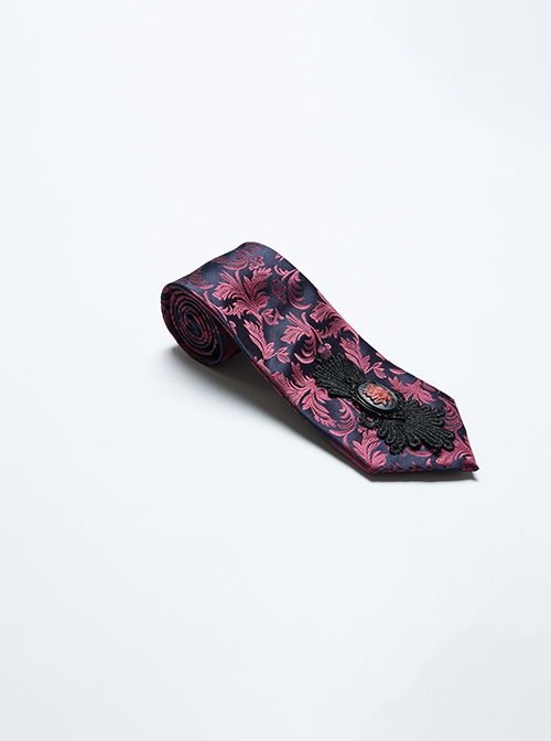 Red And Blue Retro Imitation Silk Exquisite Pattern With Three Dimensional Plant Flower Applique Gothic Style Men's Tie