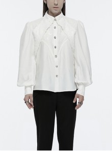 Gorgeous White Layered Glossy Woven Front Panel Lace Decoration Gothic Style Puff Sleeve Shirt