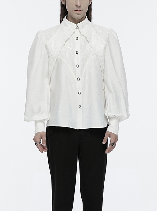 Gorgeous White Layered Glossy Woven Front Panel Lace Decoration Gothic Style Puff Sleeve Shirt