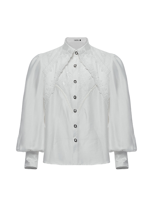 Gorgeous White Layered Glossy Woven Front Panel Lace Decoration Gothic Style Puff Sleeve Shirt