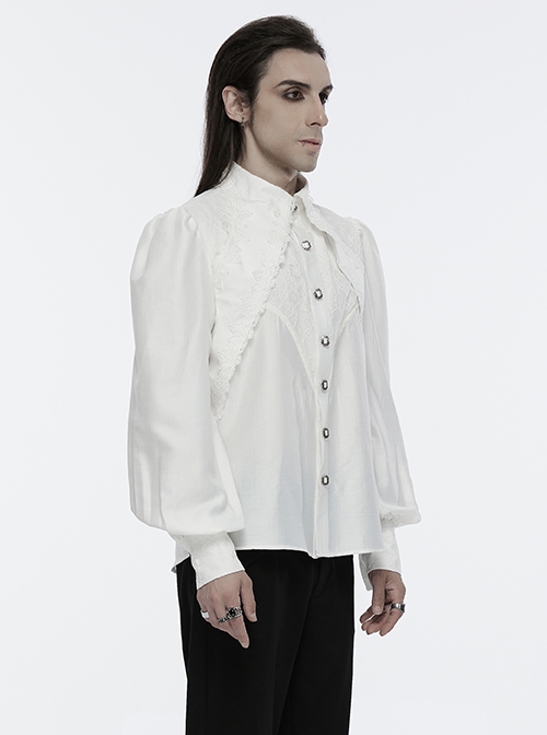 Gorgeous White Layered Glossy Woven Front Panel Lace Decoration Gothic Style Puff Sleeve Shirt