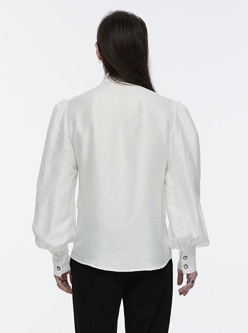 Gorgeous White Layered Glossy Woven Front Panel Lace Decoration Gothic Style Puff Sleeve Shirt