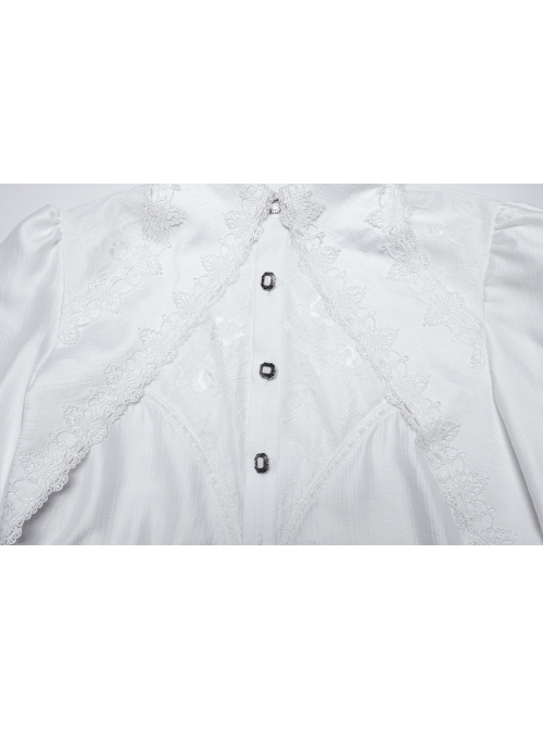 Gorgeous White Layered Glossy Woven Front Panel Lace Decoration Gothic Style Puff Sleeve Shirt
