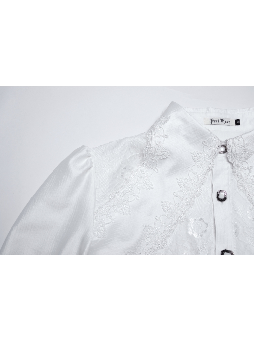Gorgeous White Layered Glossy Woven Front Panel Lace Decoration Gothic Style Puff Sleeve Shirt