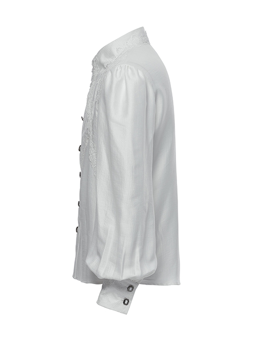 Gorgeous White Layered Glossy Woven Front Panel Lace Decoration Gothic Style Puff Sleeve Shirt
