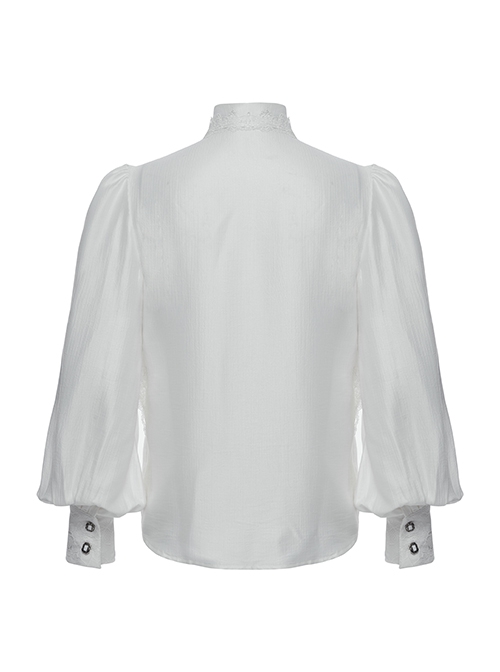 Gorgeous White Layered Glossy Woven Front Panel Lace Decoration Gothic Style Puff Sleeve Shirt