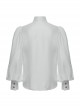 Gorgeous White Layered Glossy Woven Front Panel Lace Decoration Gothic Style Puff Sleeve Shirt