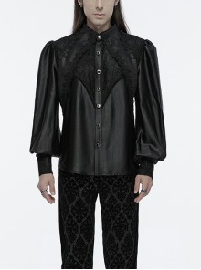 Gorgeous Black Layered Glossy Woven Front Panel Lace Decoration Gothic Style Puff Sleeve Shirt