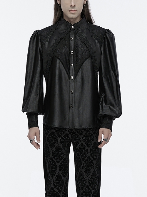 Gorgeous Black Layered Glossy Woven Front Panel Lace Decoration Gothic Style Puff Sleeve Shirt