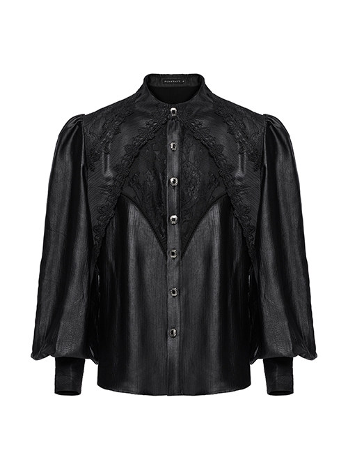 Gorgeous Black Layered Glossy Woven Front Panel Lace Decoration Gothic Style Puff Sleeve Shirt