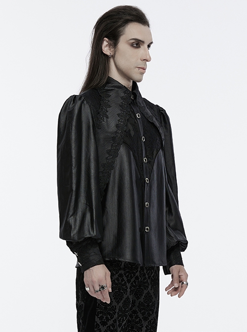 Gorgeous Black Layered Glossy Woven Front Panel Lace Decoration Gothic Style Puff Sleeve Shirt