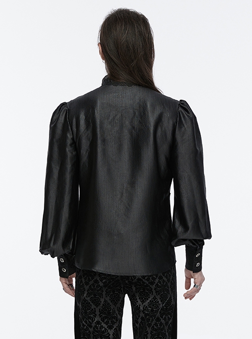 Gorgeous Black Layered Glossy Woven Front Panel Lace Decoration Gothic Style Puff Sleeve Shirt