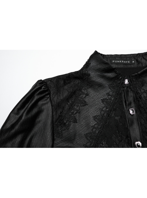 Gorgeous Black Layered Glossy Woven Front Panel Lace Decoration Gothic Style Puff Sleeve Shirt