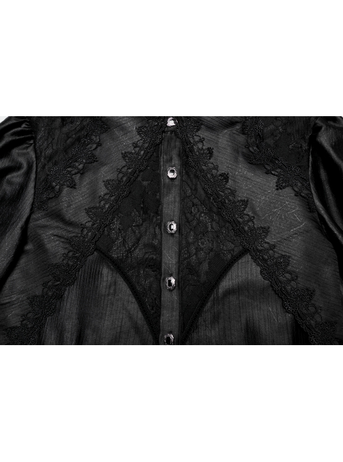 Gorgeous Black Layered Glossy Woven Front Panel Lace Decoration Gothic Style Puff Sleeve Shirt